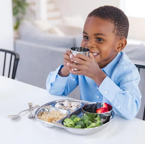 Vista 9 de Ahimsa Plato de Acero Inoxidable para Niños, Platos Divididos para Niños Pequeños y Bebés Diseñados por Pediatras, No Tóxico, Irrompible y Apto