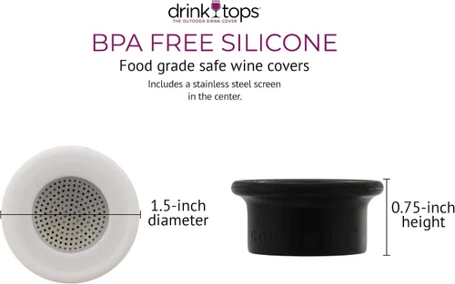 Vista 4 de Drink Tops - Fundas para botellas ventiladas, paquete de 2, color negro y blanco, fundas de silicona sin BPA para proteger el vino de elementos al