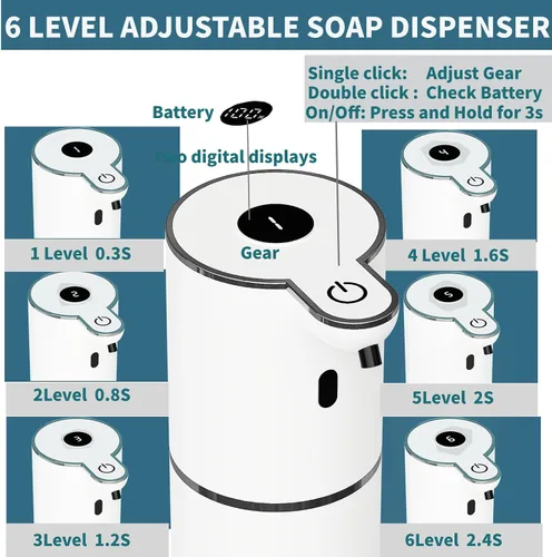 Vista 2 de Dispensador automático de jabón sin contacto, dispensador de jabón espumoso, 6 niveles ajustables, manos libres, dispensador recargable por USB