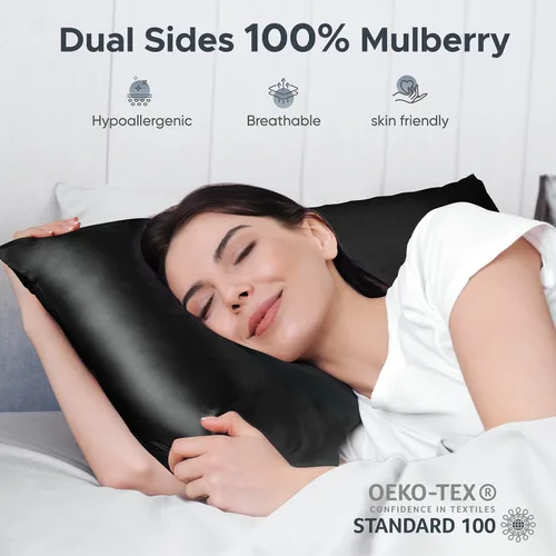 Vista 2 de Funda de almohada de seda de morera 100 % pura para cabello y piel, resistente a los alérgenos, doble cara, 600 hilos de seda con cremallera oculta