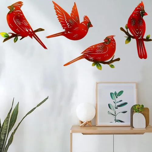 Vista 3 de Paquete de 4 piezas de arte de pared cardenal de metal, decoración de pájaros de metal 3D, adornos hechos a mano, pájaro rojo ágil, regalos