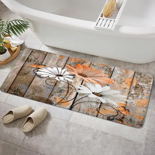 Vista 56 de JAWO Alfombra de baño con flores de granja, dalia en tablones de madera rústica, juego de tapetes de baño con flores azules, en forma de U