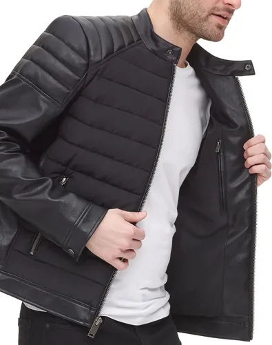 Vista 5 de DKNY Chaqueta acolchada de cuero sintético para hombre de motocros Racer