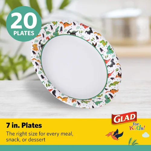 Vista 2 de Glad Platos de papel desechables con diseño de dinosaurio para niños, 7 pulgadas, platos de papel para niños a prueba de remojo y aptos