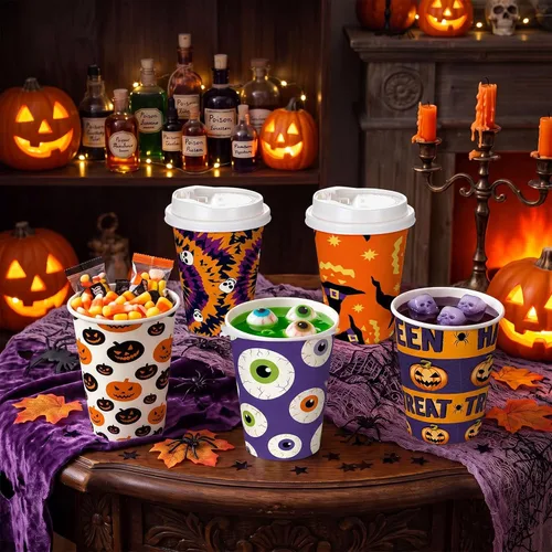 Vista 5 de 65 tazas de café desechables de Halloween de 14 onzas con tapas a