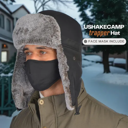Vista 2 de Sombrero de trampero cálido de invierno, sombrero de piel rusa, sombrero esquimal Ushanka, solapa con piel sintética para hombres o mujeres