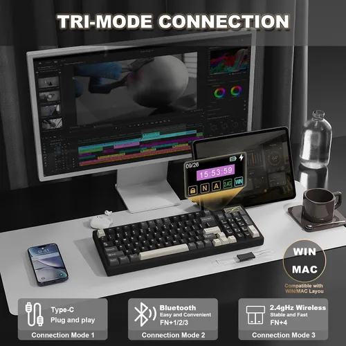 Vista 4 de YUNZII IF99 Teclado mecánico inalámbrico para juegos con pantalla LCD inteligente, QMKVIA BT2.4GUSB-C programable BT2.4GUSB-C montado en junta