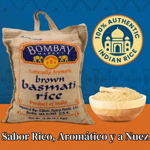 Vista 2 de Bombay Market - Arroz basmati marrón con sabor aromático y a nuez, arroz basmati de grano largo (bolsa de 10 libras)