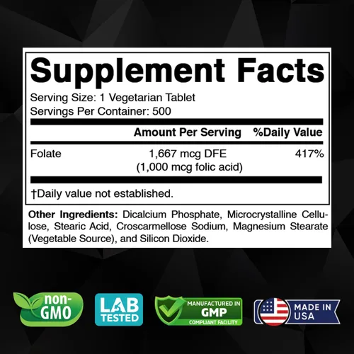 Vista 2 de Vitabod Ácido fólico 1 mg (1000 mcg) (vitamina B9) - 500 tabletas vegetarianas - una vitamina prenatal y posnatal esencial