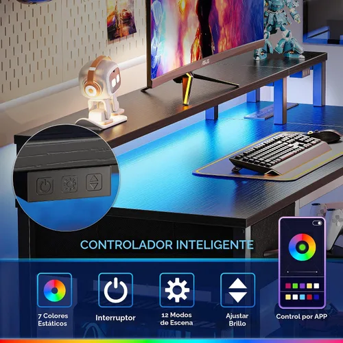 Vista 5 de SUPERJARE Escritorio para juegos en forma de L de 47 pulgadas con luces LED y tomas de corriente, escritorio reversible para computadora con Negro