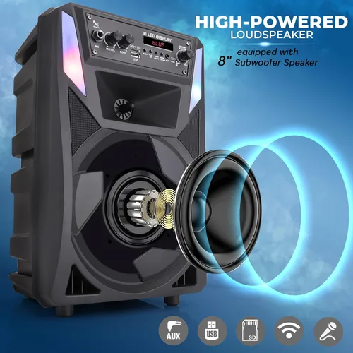 Vista 3 de Pyle Altavoz PA Bluetooth portátil – Sistema de audio de karaoke BT recargable de 300 W 8 pulgadas para exteriores – Luces de fiesta multicolor