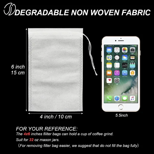Vista 2 de 50 bolsas para preparación en frío sin desorden, bolsas de filtro de café desechables de 4x6 pulgadas, bolsas de malla fina con cordón para preparar