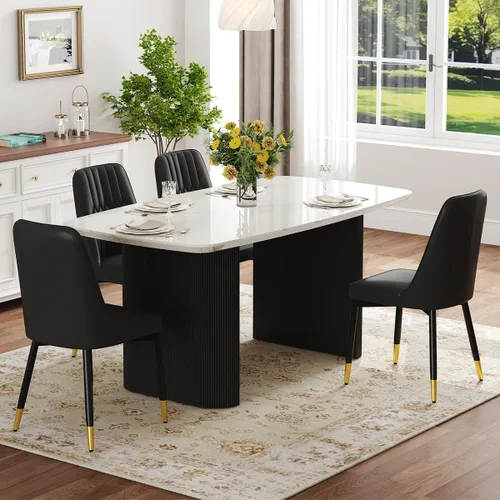 Vista 2 de Juego de mesa de comedor blanco Ebullient para 4, juego de mesa de comedor ovalada de mármol de 67' con 4 sillas de metal, parte superior de grano