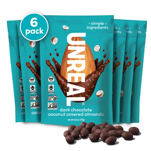 Vista 11 de UNREAL Almendras de chocolate negro - Certificado vegano, sin gluten, comercio justo, sin OMG, sin alcoholes de azúcar o soja (3 bolsas)