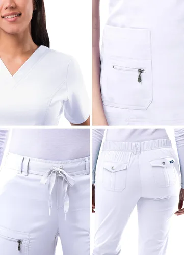 Vista 5 de Adar Pro Breakthrough Plus - Conjunto de uniforme médico para mujer, parte superior con cuello en V mejorado y pantalones con múltiples bolsillos