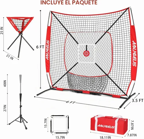 Vista 7 de 6'x6' Baseball Softball Practice Net, Batting Tee & Ball Caddy Rojo-A