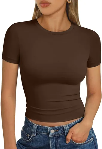 Vista 32 de Trendy Queen - Camisetas básicas para mujer, camisetas de verano 2025, de manga corta, ajustadas, para gimnasio, entrenamiento, ropa estilo Y2K