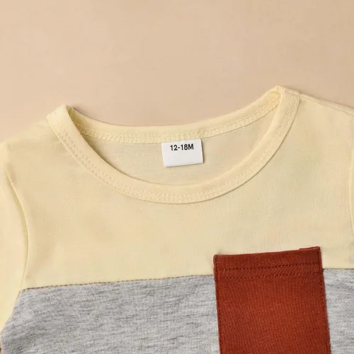 Vista 4 de Ropa para bebé niño pequeño, trajes de verano de manga corta, camiseta de retazos y pantalón con bolsillo, conjunto de 2 piezas, 12 meses a 4 años