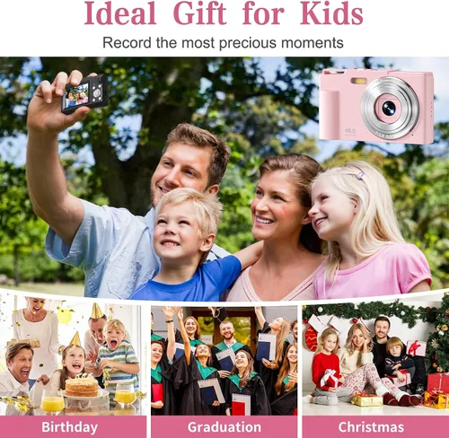 Vista 5 de Cámara Digital para Niños, FHD 1080P Apuntar y Disparar Cámara para Niños con Zoom Digital de 16X, Anti-Vibración, Flash, Tarjeta de 32GB, Cámara