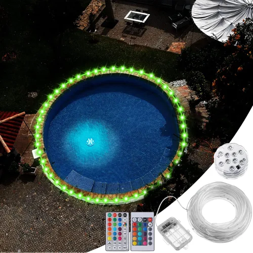 Vista 2 de Luces LED de 39.4 pies para piscinas sobre el suelo, iluminación de borde impermeable para piscinas de 12 pies, 2 paquetes de luces sumergibles