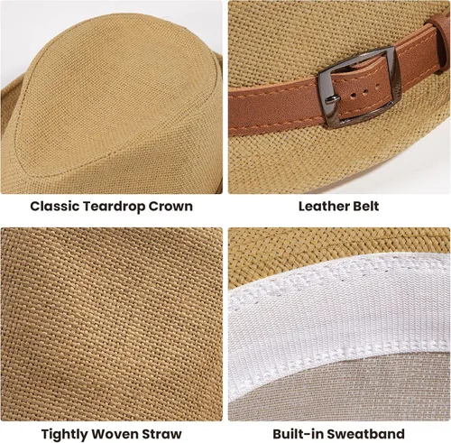 Vista 4 de Simplicity Sombrero de paja Trilby Fedora estilo Panamá con cinturón de cuero