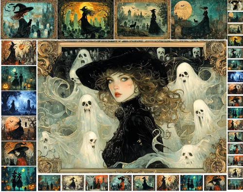 Vista 12 de Decoupage - Paquete de papel (35 hojas de 6 x 8 pulgadas), elegante hechicería de Halloween, brujas elegantes, gatos negros y fantasmas juguetones