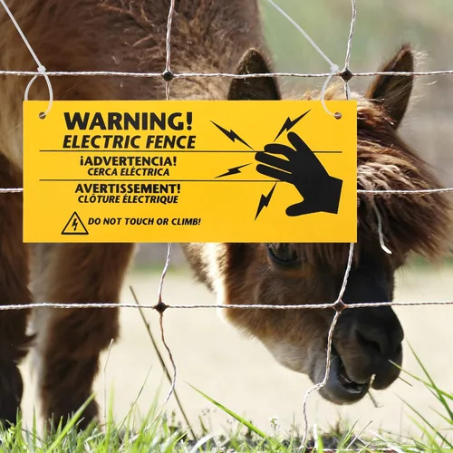 Vista 3 de 6 juegos de señales de advertencia eléctricas de 10 x 4 pulgadas para valla eléctrica de plástico con 12 bridas de cremallera, letreros amarillos