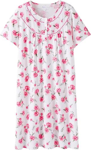 Vista 25 de Keyocean - Camisones para mujer, 100% algodón, suave, cómodo, ligero, manga corta, vestido de noche para damas Azul Floral en Crema