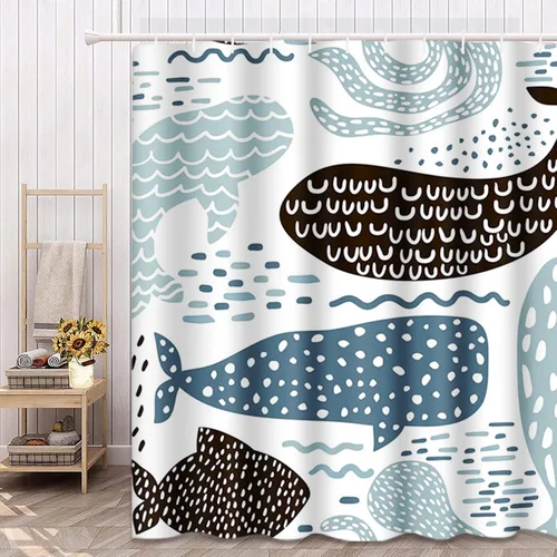 Vista 7 de Emvency Cortina de ducha náutica animal marino para niños, ballena, pulpo, pez, impermeable, tela de poliéster, 60 x 72 pulgadas, juego con ganchos