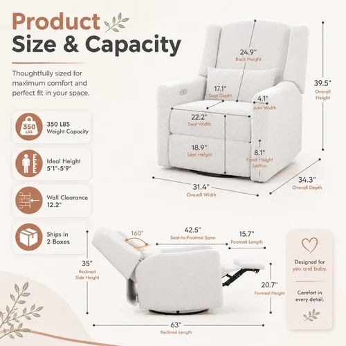 Vista 2 de Mecedora reclinable giratoria eléctrica, gran comodidad, para guardería, color crema Mecedora suave con almohada lumbar y puerto de carga USB