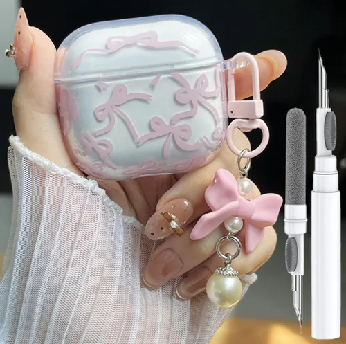 Vista 10 de Linda funda para Airpod de 2ª generación para diseño de lazo femenino, diseño de moda, diseño estético a prueba de golpes, funda para auriculares