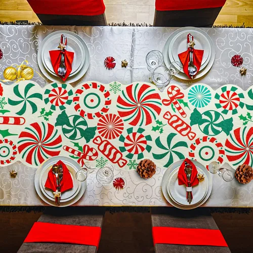 Vista 5 de FOIMAS Camino de Mesa de Dulces de Navidad, 71 x 13 pulgadas Camino de Mesa de Dulces Piruleta de Menta, Manteles de Mesa para Ornamento de Mesa