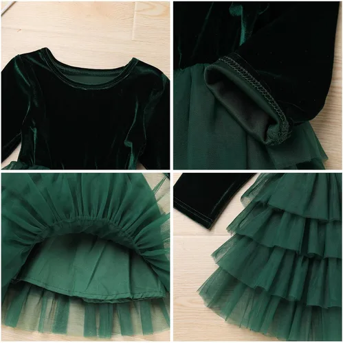 Vista 5 de Vestido de terciopelo de Navidad para niñas pequeñas, vestido de tul con volantes, vestido de fiesta, otoño, invierno, boda, Navidad, vacaciones