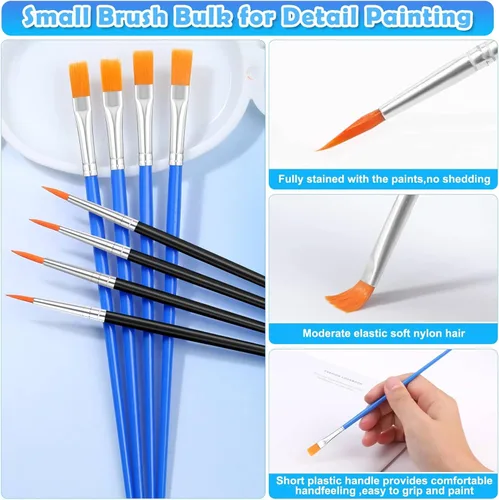 Vista 5 de 70 piezas de pinceles de pintura pequeños, pinceles de punta plana y redonda para niños, pinceles de pelo de nailon para acrílico, acuarela, lienzo