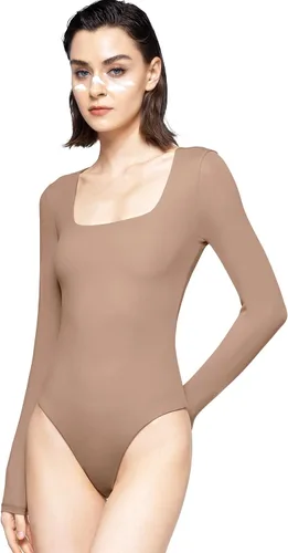 Vista 8 de PUMIEY Body sexy de manga larga con cuello cuadrado para mujer, colección Smoke Cloud