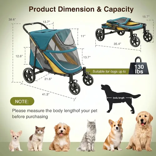Vista 3 de Cochecito para perros medianos y grandes, plegable con un solo clic, cochecito para mascotas extra grande para 2 perros con bolsillo