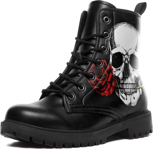 Vista 7 de Botas de combate negras personalizadas para mujer, con lazada, estilo cráneo y rosa, botas de tacón grueso y plataforma de cuero
