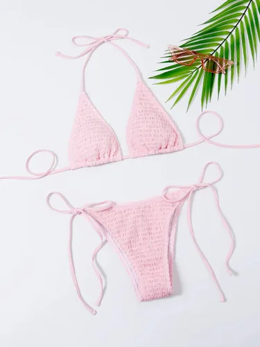 Vista 4 de SweatyRocks Traje de baño triangular de 2 piezas para mujer, parte superior halter con lazo lateral