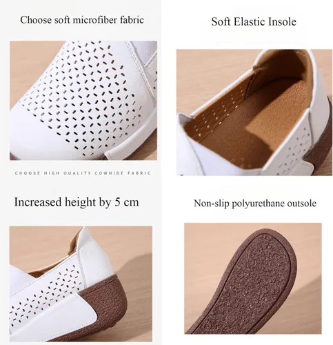 Vista 2 de Mocasines de plataforma de punta redonda para mujer, cómodos mocasines de cuero genuino, mocasines de corte casual con corte bajo.
