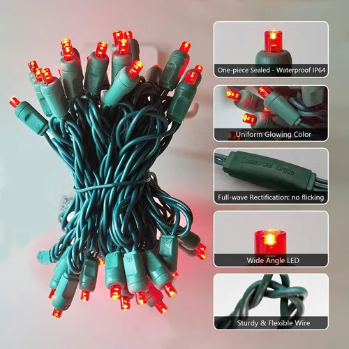 Vista 5 de Luces de Navidad de 50 LED rojas, 5.2 metros de mini luces LED de cadena, 120 V, con cable verde, luces navideñas para uso en interiores y Rojo