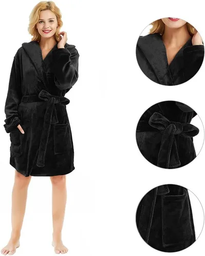Vista 3 de U2SKIIN Bata de Forro Polar con Capucha para Mujer, Batas de Felpa de Pelo Corto para Mujeres con Capucha Suave y Cálida Bata de Baño para Spa