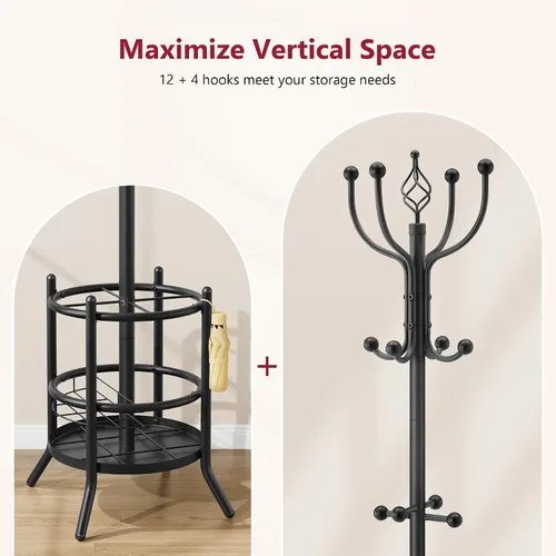 Vista 6 de Perchero con Soporte para Paraguas, Árbol de Abrigos Independiente con 16 Ganchos, Soporte para Perchero para Sala de Estar, Dormitorio, Oficina