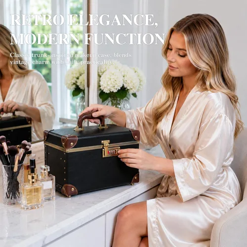 Vista 2 de urecity Estuche de maquillaje vintage de piel artificial, organizador profesional de cosméticos con cerradura de combinación de metal, caja