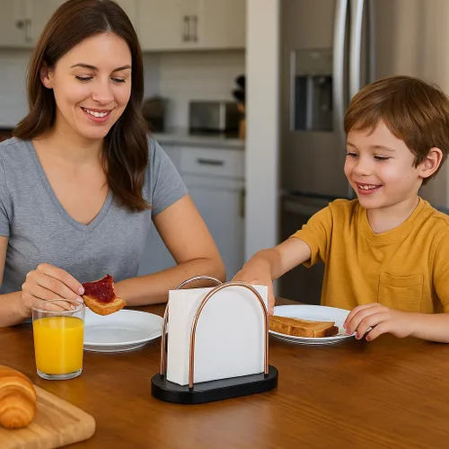 Vista 2 de Servilletero de madera de castaño y cobre – Elegante dispensador de mesa para comedor y uso al aire libre, elegante y práctico almacenamiento