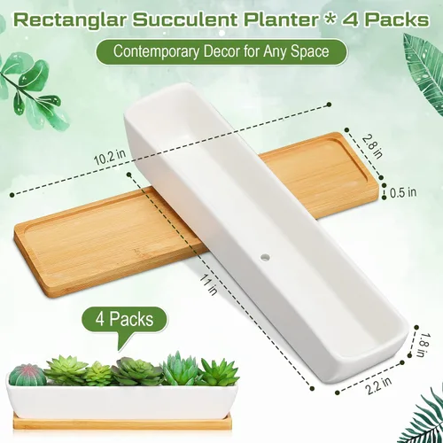 Vista 2 de Weewooday 4 macetas blancas para suculentas de 11 pulgadas de largo, rectangular, de cerámica, adecuadas para interiores y exteriores, hogar