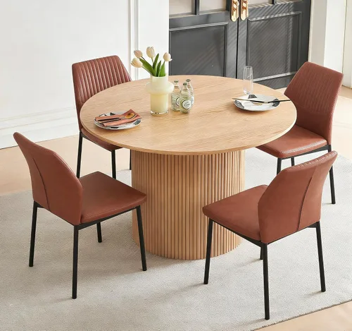 Vista 22 de Juego de mesa de comedor para 4, mesa de comedor rectangular irregular de madera moderna, sillas de comedor de cuero, 4 mesas y sillas, juego de 4