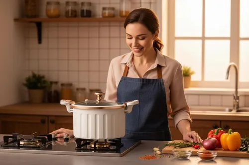 Vista 3 de Non-Stick Enamel Pressure Cooker with Push Pull Lock, Silicone Seal, Spill-Proof Valve,ivory