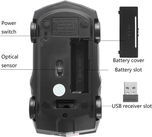 Vista 5 de FIRSTMEMORY - Mouse inalámbrico para automóvil, 2.4 G, ratón óptico de auto de carreras, 1600 DPI para PC, laptop, escritorio (negro)