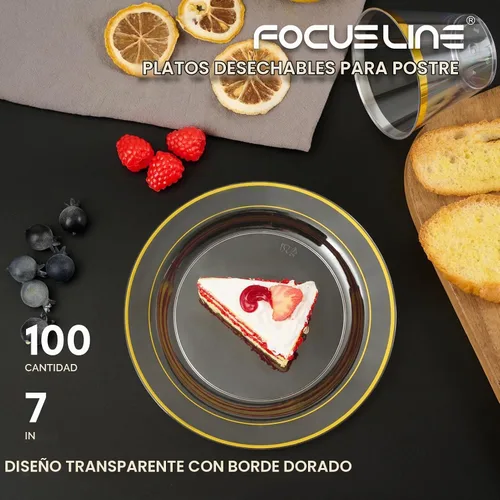 Vista 2 de FOCUSLINE Platos pequeños de plástico transparente dorado de 7 pulgadas, 100 unidades, platos transparentes desechables resistentes con borde