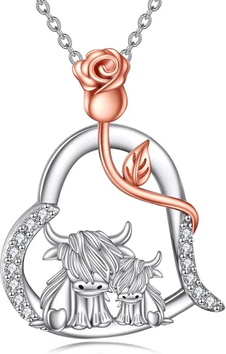 Vista 10 de POPLYKE Highland Cow Necklace Sterling Silver Rose Heart Pendant Necklace Cow Gifts for Women